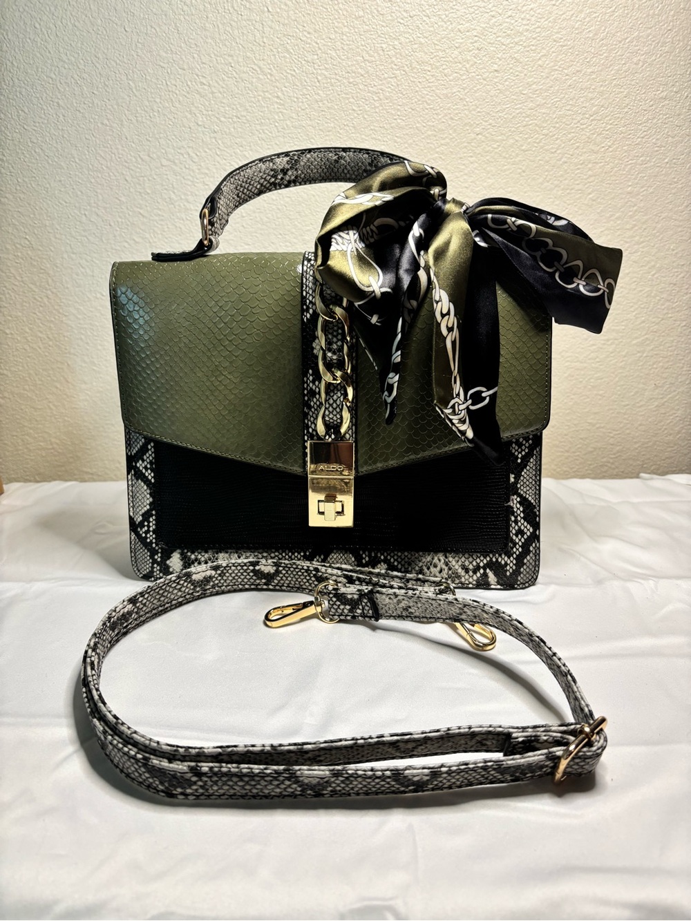 Aldo Olive Green and Black Snake-Print Top Handle Satchel